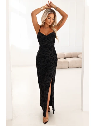 645-1 Přiléhavé maxi šaty s obálkovým výstřihem a rozparkem - černé s elegantním vzorem 645-1 Přiléhavé maxi šaty s obálkovým výstřihem a rozparkem - černé s elegantním vzorem