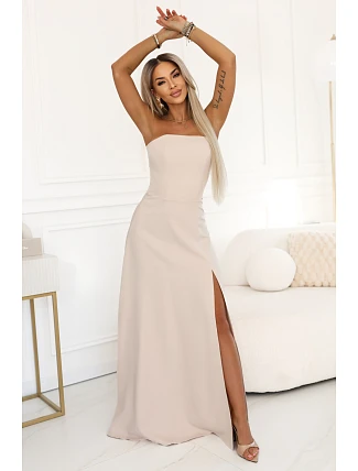 663-1 ELARA korzetové maxi šaty s rozparkem a zavazováním na zádech - béžové