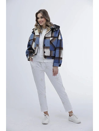 Modré kostkované krátké košilové sako (AG3-1839) Modré kostkované krátké košilové sako (AG3-1839)