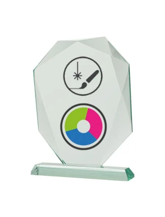 Skleněná trofej s barevným potiskem LuxorJet, gravírováním a inkoustovou výplní a pouzdrem