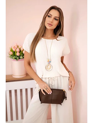 Viskózový komplet plisovaná halenka + kalhoty béžový