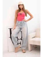 Dámská pruhovaná top na ramínkách s ozdobnou nášivkou růžová