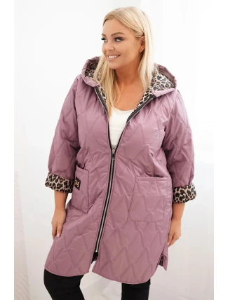 Dámská zimní prošívaná bunda Plus Size s podšívkou v leopardím vzoru a kapucí tmavě růžová