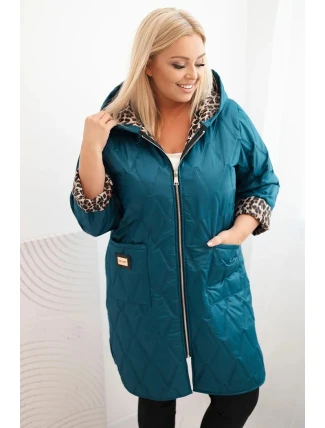 Dámská zimní prošívaná bunda Plus Size s podšívkou v leopardím vzoru a kapucí mořská