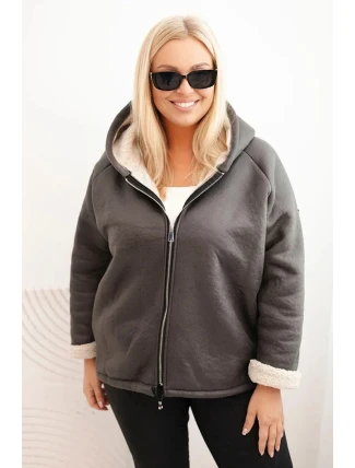 Dámská bunda Plus Size s kapucí a beránkem grafitová