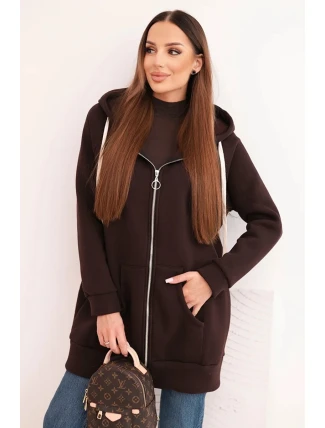 Zateplená dámská mikina s kapucí a zipem hnědá