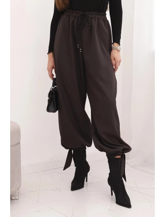 Dámské kalhoty s širokými nohavicemi a zavazováním na spodku hnědé