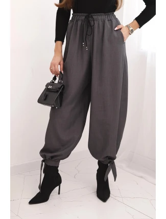 Dámské kalhoty s širokou nohavicí a zavazováním dole grafitové