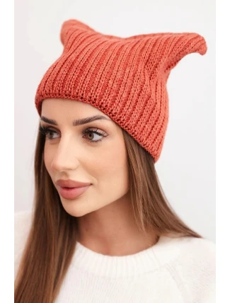 Dámská zimní čepice z vlny s kočičím střihem z ribované pleteniny K419 rezavá Dámská zimní čepice z vlny s kočičím střihem z ribované pleteniny K419 rezavá