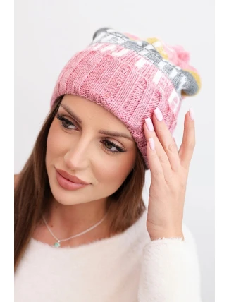 Dámská zimní čepice s vlnou a nápisem s velkým bambulí K422 tmavě pudrově růžová