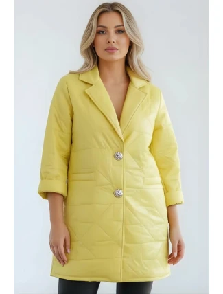 Dámská bunda Plus Size prošívaná s ozdobnými knoflíky a límcem žlutá