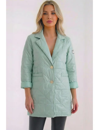 Dámská bunda Plus Size prošívaná s ozdobnými knoflíky a límcem tmavě mátová