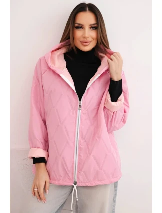 Dámská jarní prošívaná bunda s kapucí a zipem světle růžová