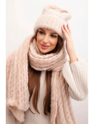 Dámská souprava čepice a šály s proužky s ozdobou béžová