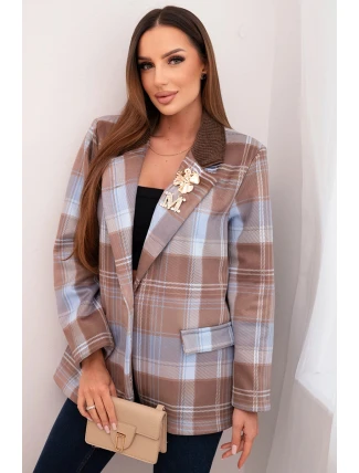 Dámská kostkovaná sako se zdobnou broží a dlouhým rukávem modrá