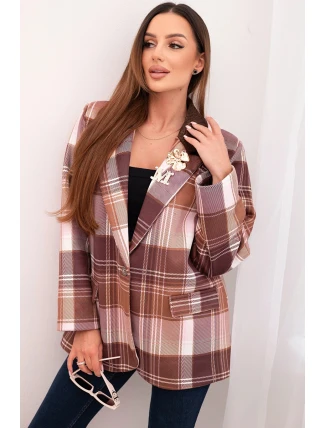 Dámská sako s kostkovaným vzorem a ozdobnou broží a dlouhým rukávem hnědá Dámská sako s kostkovaným vzorem a ozdobnou broží a dlouhým rukávem hnědá