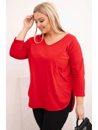 Dámská bavlněná blůza Plus Size s výstřihem do V a ohrnutým rukávem červená Dámská bavlněná blůza Plus Size s výstřihem do V a ohrnutým rukávem červená