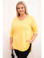 Dámská bavlněná blůza Plus Size s výstřihem do V a ohrnutým rukávem žlutá Dámská bavlněná blůza Plus Size s výstřihem do V a ohrnutým rukávem žlutá