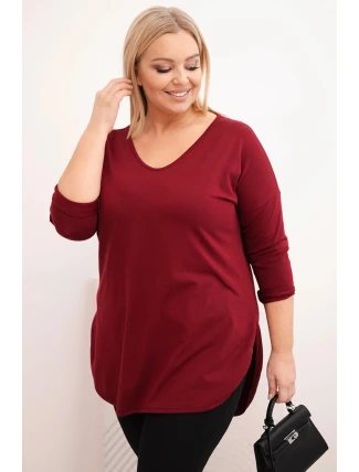 Dámská bavlněná blůza Plus Size s výstřihem do V a ohrnutým rukávem bordová