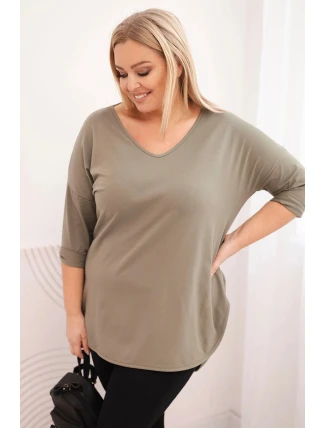 Dámská bavlněná blůza Plus Size s výstřihem do V a ohrnovacími rukávy khaki