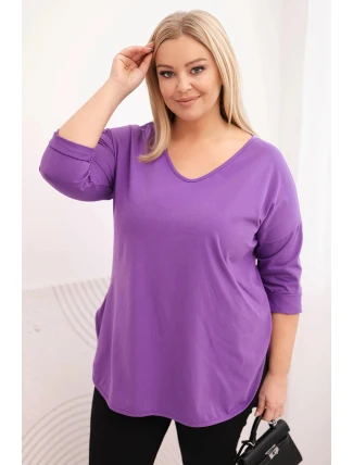 Dámská bavlněná blůza Plus Size s výstřihem do V a ohrnutým rukávem fialová Dámská bavlněná blůza Plus Size s výstřihem do V a ohrnutým rukávem fialová