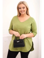 Dámská bavlněná blůza Plus Size s výstřihem do V a ohrnutým rukávem olivová