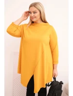 Dámská bavlněná blůza Plus Size asymetrická s ohrnovacími rukávy hořčicová Dámská bavlněná blůza Plus Size asymetrická s ohrnovacími rukávy hořčicová