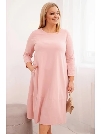 Dámská bavlněná šaty Plus Size s ohrnutým rukávem a kapsami pudrově růžová