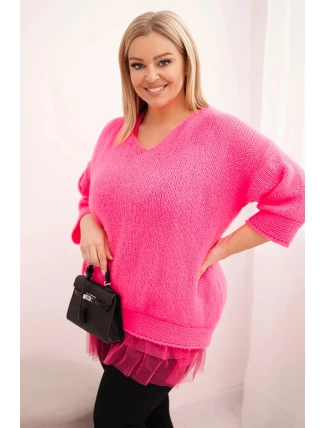 Dámská souprava svetr s výstřihem do V a viskózová blůza s krajkovým spodním lemem růžový neon