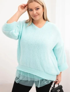 Dámská souprava svetr s výstřihem do V a viskózová blůza s krajkovým lemem mátová