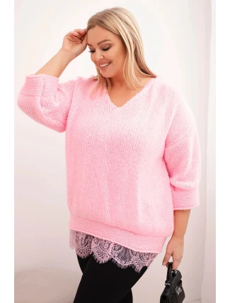 Dámská souprava svetr s výstřihem do V a viskózová halenka s krajkovým spodním lemem cukrová růžová