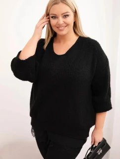 Dámská sada svetr s výstřihem do V a viskózová blůza s krajkovým spodním lemem černý