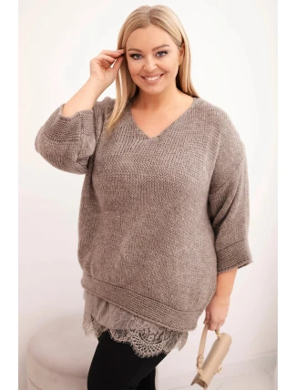 Dámská souprava svetr s V výstřihem a viskózová blůza s krajkovým spodkem fango