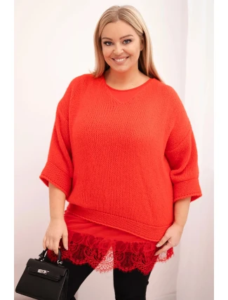 Dámská souprava svetr s véčkovým výstřihem a viskózová blůza s krajkovým lemem červený Dámská souprava svetr s véčkovým výstřihem a viskózová blůza s krajkovým lemem červený