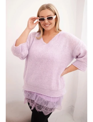Dámská souprava svetr s výstřihem do V a viskózová blůza s krajkovým lemem světle fialový
