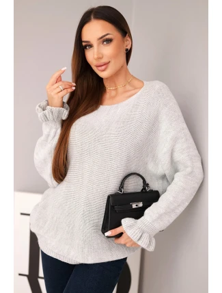 Svetr dámský z mohairu s nařasenými rukávy a výstřihem na zádech světlá šedá Svetr dámský z mohairu s nařasenými rukávy a výstřihem na zádech světlá šedá