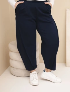 Dámské bavlněné kalhoty Plus Size volného střihu s vysokým pasem modré