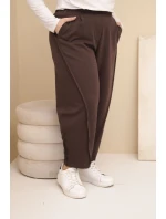 Dámské kalhoty z bavlny Plus Size volného střihu s vysokým pasem hnědé