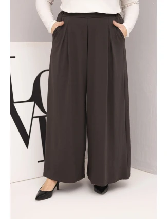 Dámské bavlněné kalhoty Plus Size s širokou nohavicí a volným střihem hnědé Dámské bavlněné kalhoty Plus Size s širokou nohavicí a volným střihem hnědé