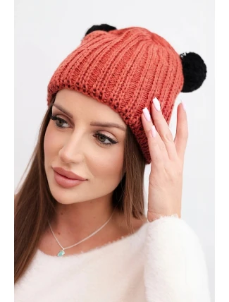 Dámská zimní čepice pletená s bambulí K433 ruda Dámská zimní čepice pletená s bambulí K433 ruda