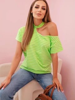 Dámská bavlněná blůza na jedno rameno s chokerem pruhovaná zelená