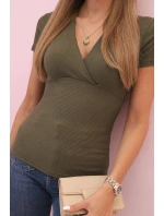 Dámská pruhovaná bavlněná blůza s překládaným výstřihem khaki Dámská pruhovaná bavlněná blůza s překládaným výstřihem khaki