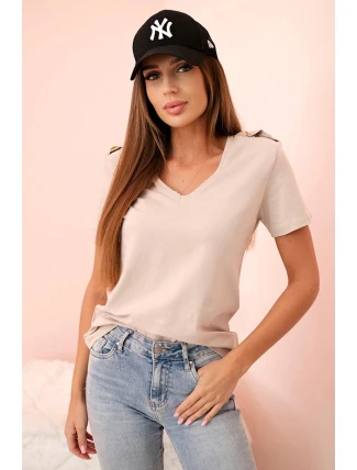 Dámská bavlněná blůza s výstřihem do V a krátkým rukávem béžová Dámská bavlněná blůza s výstřihem do V a krátkým rukávem béžová