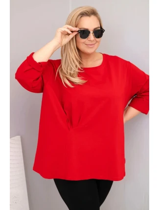 Dámská plus size blůza s bavlnou, dlouhým rukávem a řasením červená