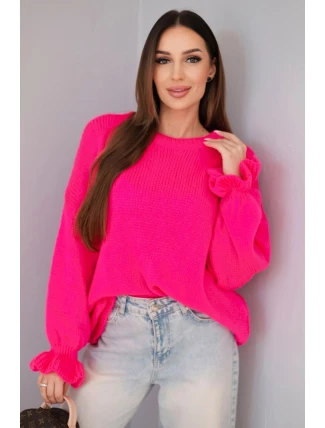 Dámský svetr s příměsí mohéru a vlny volného střihu neonově růžový
