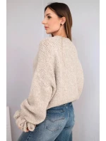 Svetr dámský s přídavkem mohéru s hrubým pletením a ozdobnými rukávy tmavě béžový