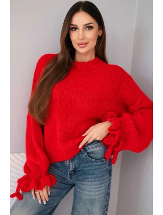 Dámský svetr s přídavkem mohéru s hrubým pletením a ozdobnými rukávy červený Dámský svetr s přídavkem mohéru s hrubým pletením a ozdobnými rukávy červený