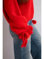 Dámský svetr s přídavkem mohéru s hrubým pletením a ozdobnými rukávy červený Dámský svetr s přídavkem mohéru s hrubým pletením a ozdobnými rukávy červený