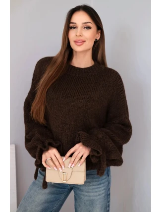 Dámský svetr s příměsí mohéru s hrubým pletením a ozdobnými rukávy hnědý