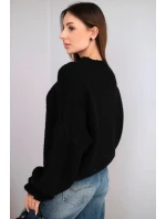 Dámský svetr s přídavkem mohairu s hrubým pletením a ozdobnými rukávy černý